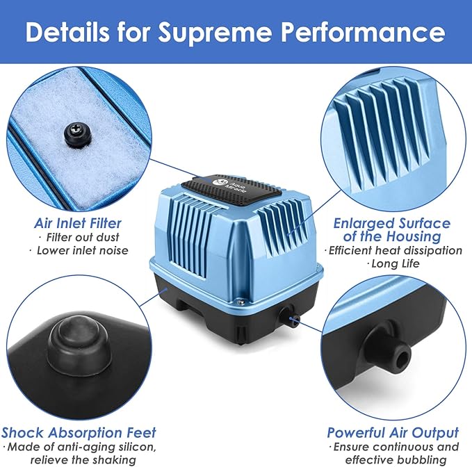 AquaMiracle Super Powerful Linear Air Pump AP-40/AP-60/AP-80 Pond Aerator, Septic Air Pump, Hydroponic Air Pump, Koi Pond Air Pump 635/950/1350GPH, for Waste Treatment, Fish Farm, Seafood Restaurant
