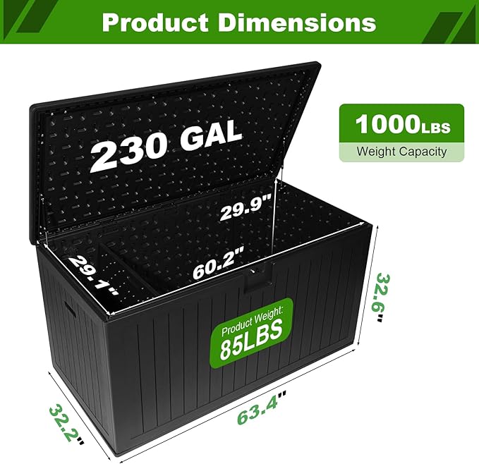 230 Gallon Outdoor Storage Box Waterproof, Extra Large Plastic Outside Deck Box Weatherproof, Resin Patio Storage Bin with Lock and Lids for Pool Equipment and Cusion