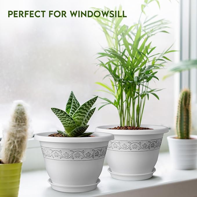 8 Inch Plant Pots with Drainage Hole - Lightweight Flower Pots for Herbs and Flowers - Home Decor Plastic Planters for Indoor Outdoor Plants- Pack of 6 (White, 8 inch)