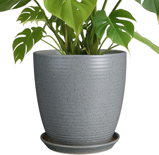10 Inch Plant Pot, Ceramic Planters for Indoor Plants with Drainage and Saucer, Large Flower Pot for Home and Garden Decor, Light Gray