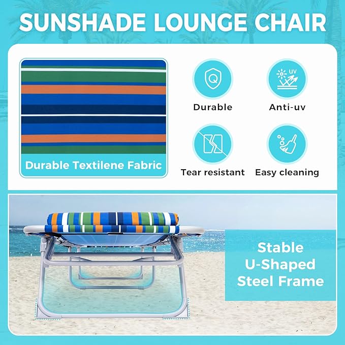 #WEJOY Folding Lounge Chair with Canopy Shade, Portable Adjustable 5-Position Patio Chaise Lounger with Pillow & Storage Pocket for Lay Flat Outdoor Lawn Backyard Beach Camping Pool Tanning