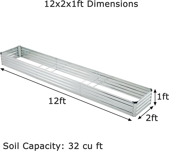 12x2x1ft Galvanized Raised Garden Bed,Outdoor Planter Box Metal Patio Kit Planting Bed for Vegetables Flowers Herb,Silver