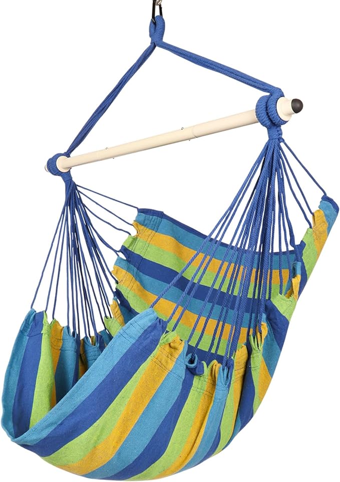 Highwild Hammock Chair Hanging Rope Swing - Max 500 Lbs - Steel Spreader Bar with Anti-Slip Rings - for Any Indoor or Outdoor Spaces (Blue Striped)