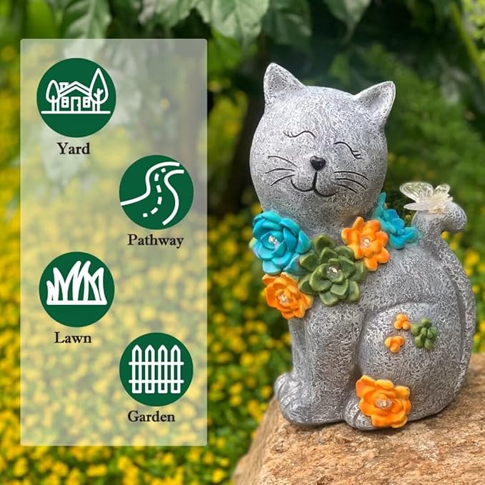 Garden Outdoor Decor Cat Statue with Solar Succulent Resin and 6 LEDs, Large Cats Sculpture with Butterfly Solar Lights for Patio, Balcony, Yard, Lawn Ornament