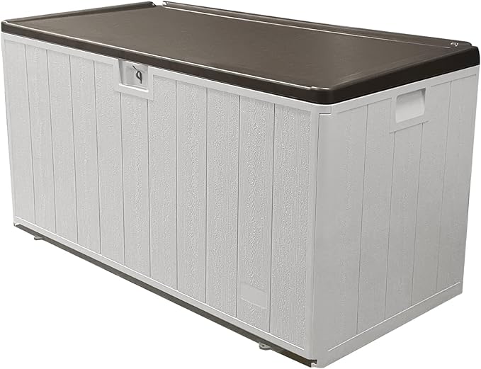 110 Gallon Pro Outdoor Storage Box, Waterproof Resin Deck Box for Patio, Pool, and Garden, Lockable Bin for Cushions, Tools, and Accessories, UV-Resistant, Grayish Brown