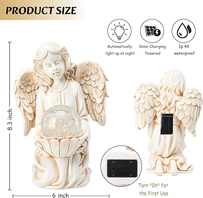 Angel Statues for Garden - Guardian Ange with Light - 8.3" Waterproof Outdoor Angel Memorial Scupture, Solar Angels Figurines Holding Glass Balls for for Patio, Yard, or Cemetery
