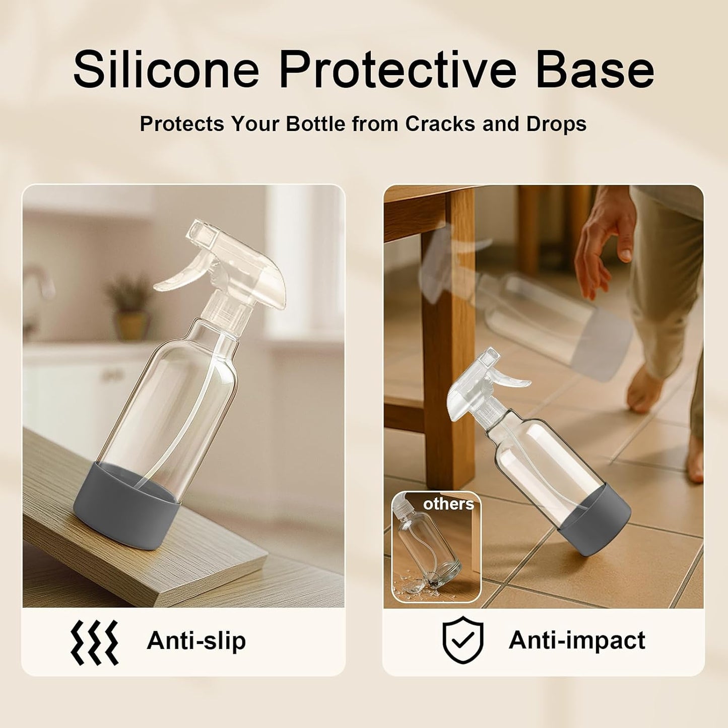 Glass Spray Bottles with Silicone Sleeve 16.9oz 2 Pack Empty Spray Bottle for Hair Mist/Stream Spraying for Cleaning Solutions, Plants, Essential Oils (clear-grey&black)