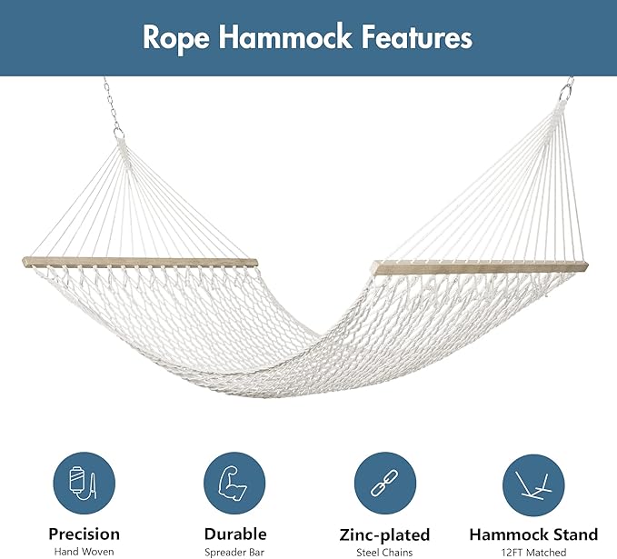 ANOW 2 Person Hammock with Detachable Large Hammock Pad and Pillow, for Garden Yard Outside, 450 LBS Weight Capacity, Blue