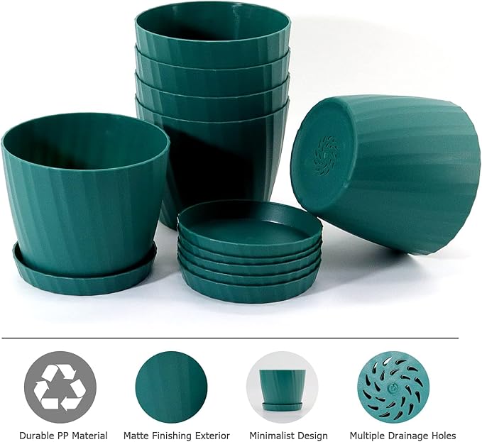 7 Inch Plant Pots Bulk, 6 Pack Plastic Planters with Drainage Holes and Saucers for Indoor Outdoor House Plants and Flowers, Green