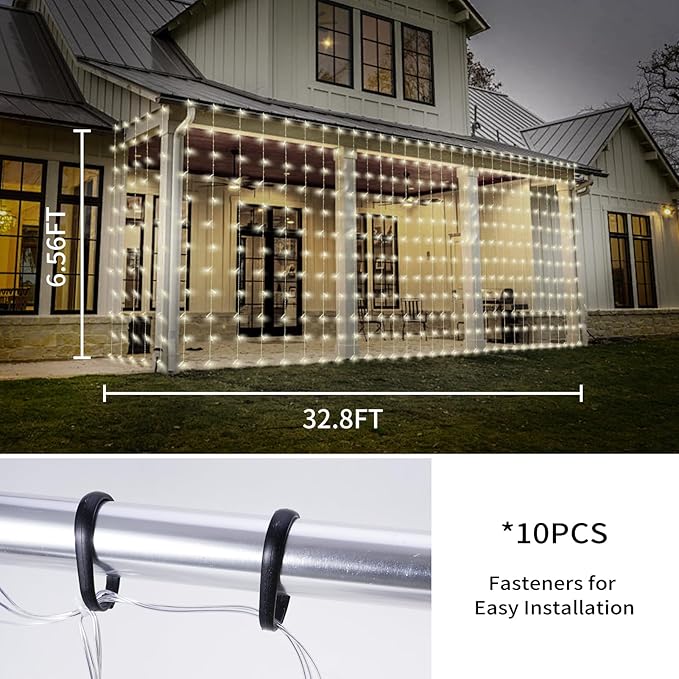 32.8 * 6.56FT Large Size Solar Curtain Lights Outdoor, 8 Modes Icicle Lights, Solar Garden Christmas Decortions for Patio, Gazebo, Eaves, Fence, Tree, Porch (White)