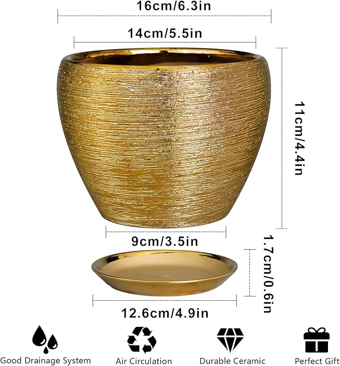 Indoor Plant Pot 6 Inch - Ceramic Pot for Plants Outdoor Planter with Drainage Hole and Saucer Round Decorative Planter Modern Flower Pot for Home Decor Gold