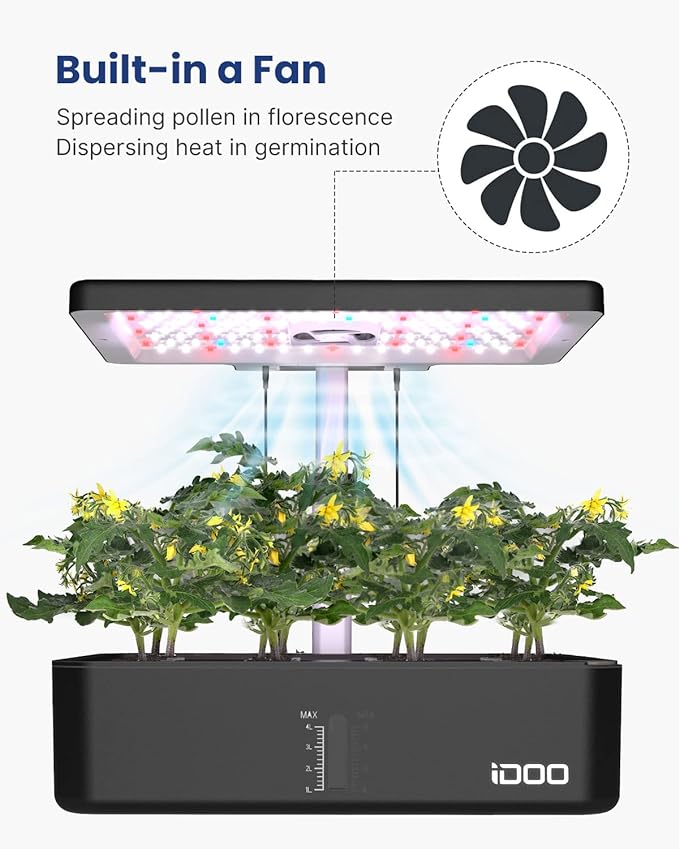 iDOO Hydroponics Growing System Kit 12Pods, Gardening Gifts for Women Mom, Indoor Herb Garden with LED Grow Light, Built-in Fan, Auto-Timer, Adjustable Height Up to 11.3", 12Pods-Black
