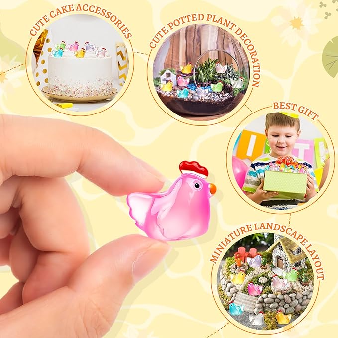 128PCS Luminous Mini Resin Chickens Miniature Animals, Tiny Chickens Miniature Figurines Glow in The Dark for Micro Garden, Potted Plant, DIY, Home Outdoor Party Decor (8 Colors)