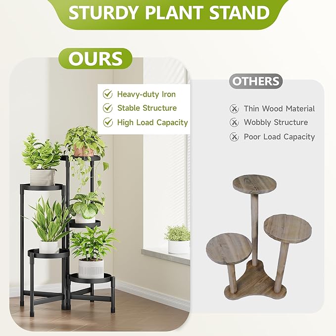 5 Tier Metal Plant Stand Indoor, Rotatable Corner Plant Shelf Outdoor, Tiered Flower Pot Display Stand, Black Multiple Plants Holder for Patio Living Room Balcony Garden Home Decor