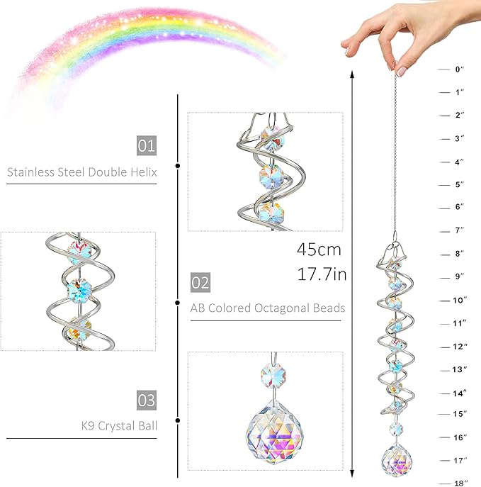 H&D HYALINE & DORA 17.7in Crystal Sun Catcher,Colorful Hanging Suncatcher with Octagonal Beads and Chain,Gazing Ball Spiral Tail,Rainbow Crystals for Indoor Outdoor Garden Decoration