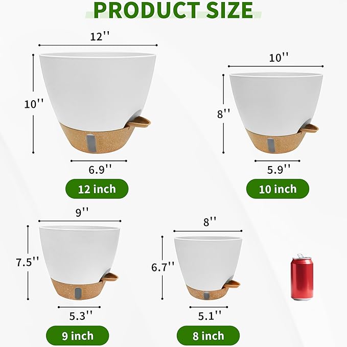12/10/9/8 inch Self Watering Pots with Visual Water Window, Extra Large Self Watering Plant Pot with Drainage Holes and Saucers, White Flower Pots for Indoor Plants
