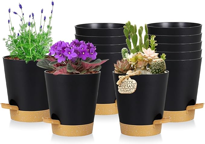 12 Pack 4 Inch Self Watering Plant Pots with Drainage and Saucers，Plastic Flower Pots for Indoor and Outdoor Plants, Nursery Planters for Houseplants and Herbs Black Brown, 4 inch 12pcs