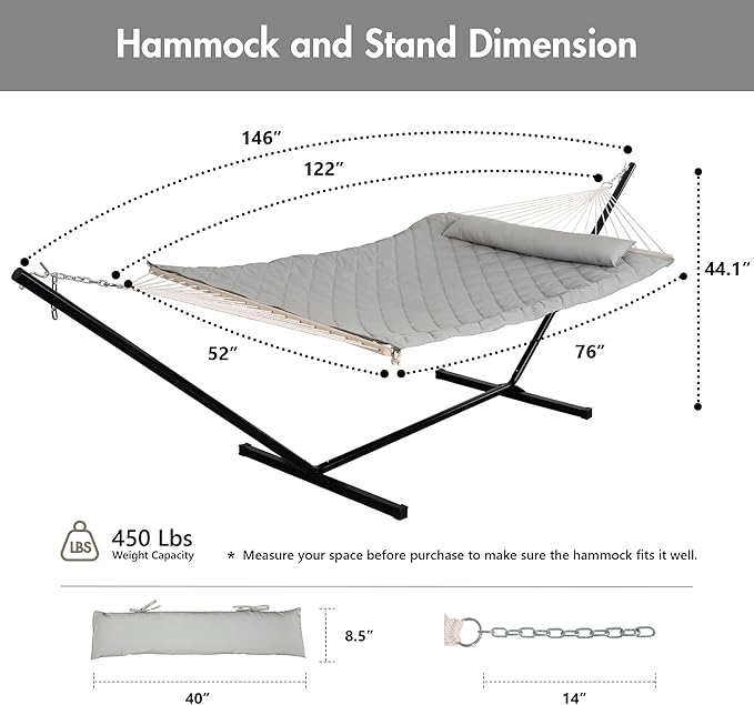 ANOW Double Rope Hammock with Stand 12FT, Heavy Duty Hammock with Polyester Pillow and Pad, 450 LBS Weight Capacity, Light Grey