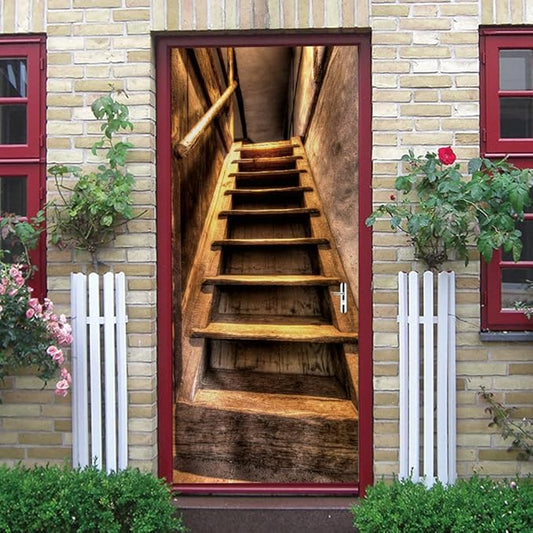 3D Door Stickers Murals Peel and Stick - Wooden Stairs - Door Wallpaper Self-Adhesive Door Decals Removable PVC Waterproof Door Poster for Bedroom Living Room Door 37.4" x 82.7"