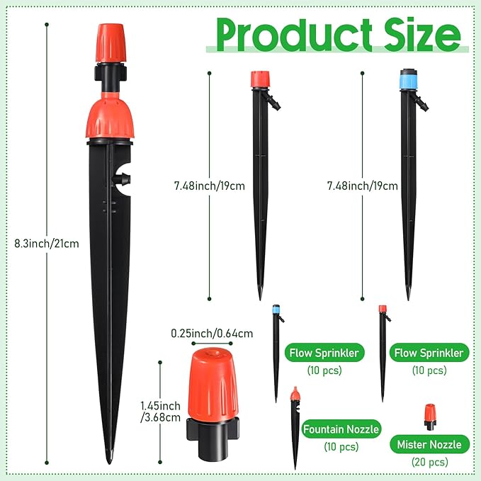 50 Pcs Drip Irrigation Emitters for 1/4" Drip Irrigation Tubing Adjustable Plant Watering Misting System Includes Nozzles/Sprinklers/Emitter Streams for Garden Yard Lawn Outdoors