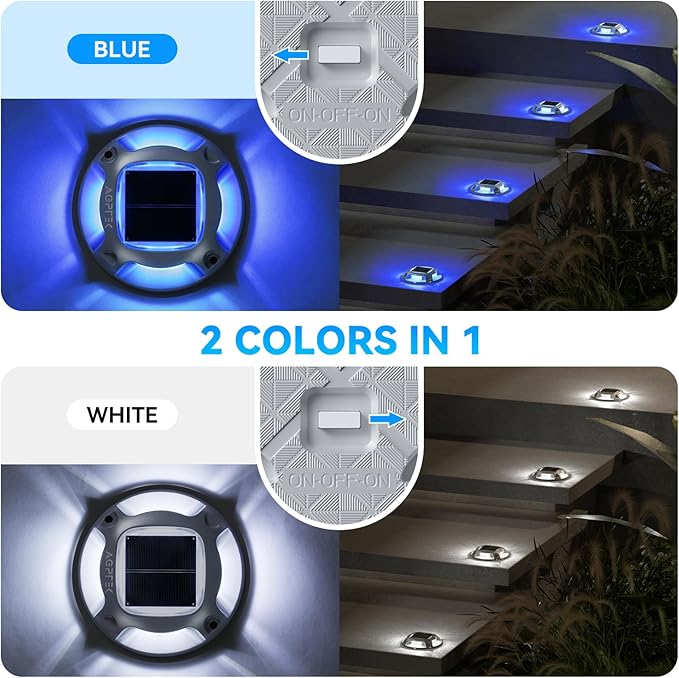 AGPTEK Solar Driveway Lights 12 Pack, 2 Colors in 1 Outdoor Solar Deck Dock Marine Waterproof LED Driveway Marker Security Lights for Outside Pathway,Boat Dock,Step,Walkway,Path,Garden (Blue & White)