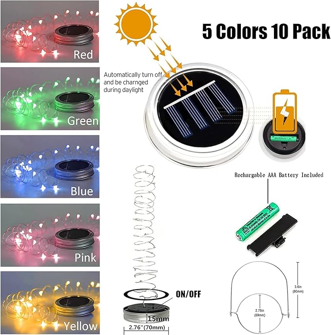 10 Pack 30 LED Solar Mason Jar Lid String Lights,Fairy Lights String Lids Lights Including 10 Pcs Hangers,for Indoor Outdoor Wedding Patio Garden Party Decorations Gift(No Jars) (5 Colors)