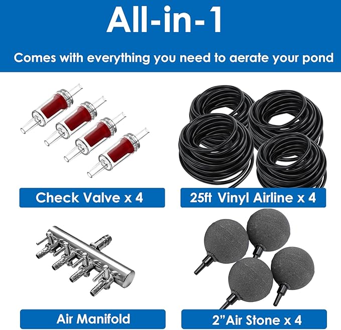 AquaMiracle Pond Aeration Kit Pond Air Pump Koi Pond Aerator for Pond up to 3000 Gallons Pond Deicer All-in-One Pond Aeration System with 4-Outlet Airline Tubing Air Stones Check Valves