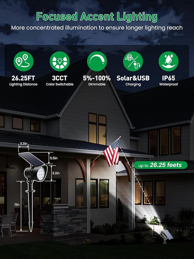 3CCT Solar Spot Lights Outdoor Dimmable, Solar Landscape Spotlights IP65 Waterproof, Dusk-to-Dawn Flag Pole Lights for Garden Yard Landscape Decorations, 4 Pack