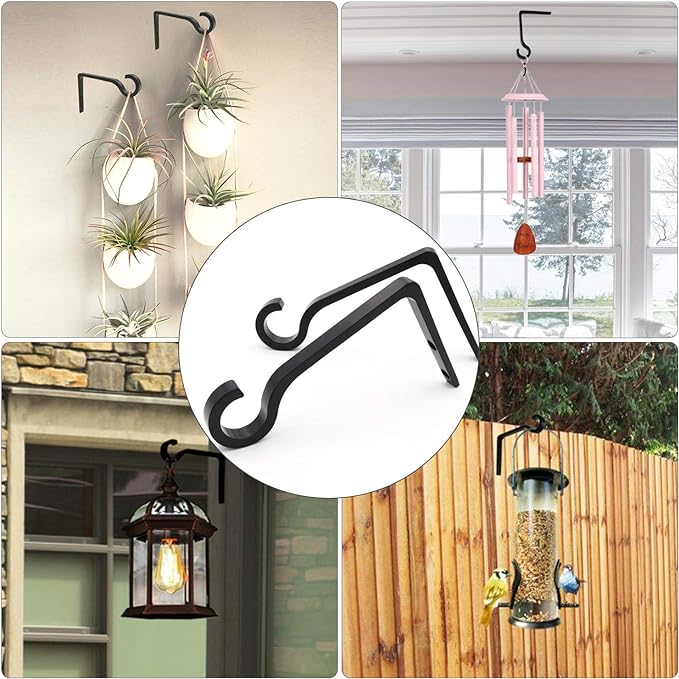 4Pack Hanging Plant Bracket 6inch Metal Plant Hook Shepherds Hook Decorative Wall Plant Hanger for Hanging Lanterns, Bird Feeder, Flower Basket, Home Decor Indoor & Outdoor (Black)