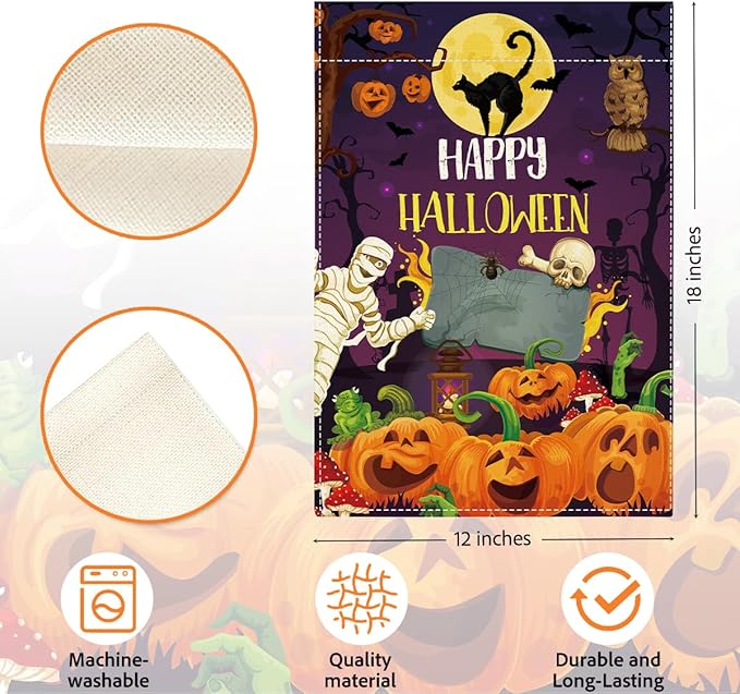 Happy Halloween Garden Flag Halloween SpookyGhost Skeleton Bats Garden Flag 12x18 inch Double Sided Holiday Decorations for Yard Outside Lawn (Flay 1811)