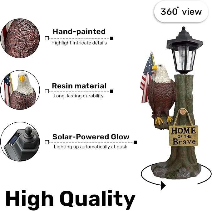 14x6 Inch Eagle Outdoor Solar Statue, Home of The Brave Outdoor Decorative Sculpture, Garden Decoration Outdoor Waterproof, Eagle Statue with American Flag for Patios, Yards, and Gardens