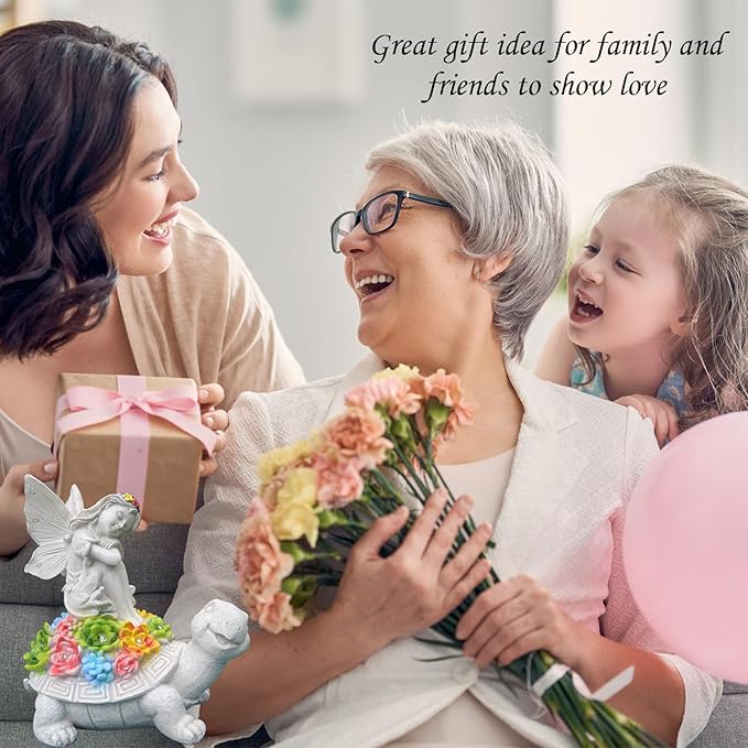 Garden Statues Outdoor Decorations Solar Turtle Angels Decor with Succulents LED Lights Garden Ornaments Figurines for Patio Yard Lawn Gifts for Women Grandma