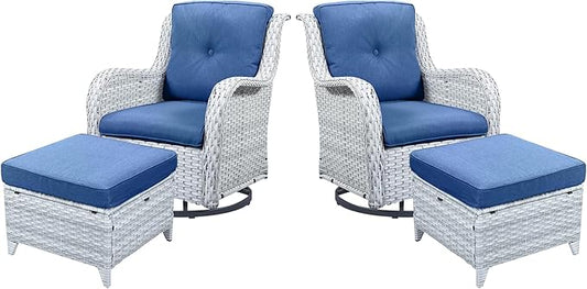 4 Pieces Patio Furniture Sets, Wicker Patio Swivel Glider Chair with Ottomans, Outdoor Furniture Set for Outside Porch Deck Balcony, Light Grey