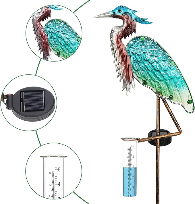 Heron Rain Gauge Solar Stake Outdoor, 43’’ Solar Rain Gauge LED Lights with Rainfall Gauge for Garden, Yard, Lawn, Pathway, Patio