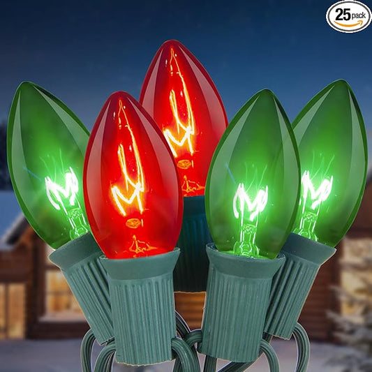 25ft Red and Green Outdoor Christmas Lights,C9 Vintage Christmas String Lights With 26 Red Green Bulbs(1 Spare),Waterproof Hanging Christmas Lights for Roofline Christmas Tree Backyard Decor
