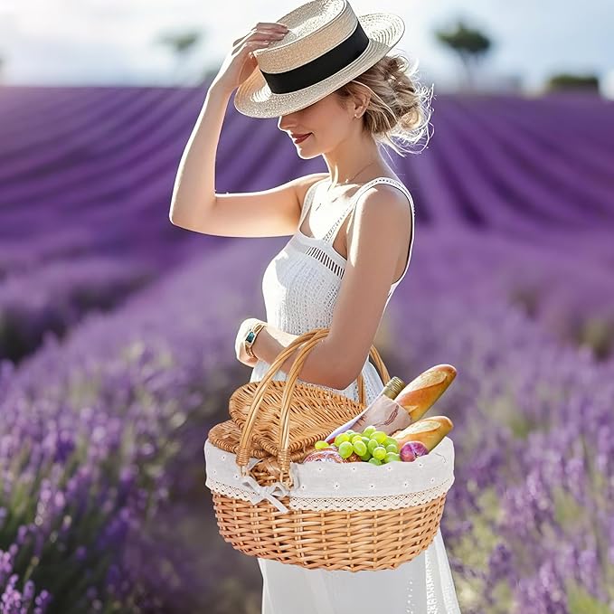 Happypicnic Wicker Picnic Basket with Handle, 15" Large Empty Picnic Basket with Lid & Removable Liner, Vintage Hand Woven Basket for Picnics, Camping, Veg Picking, Mother'S Day, Thanksgiving (Flower)