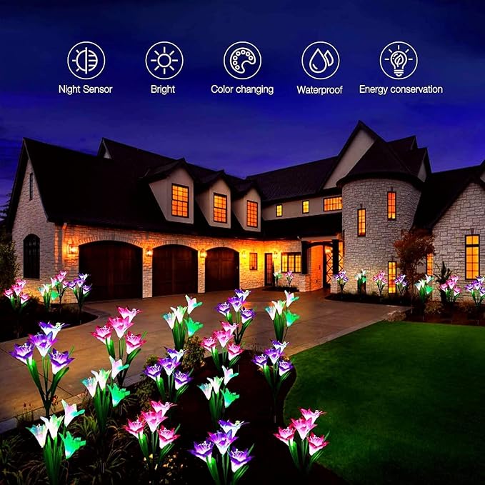 ANGMLN 6 Pack Solar Flowers Lights,24 Bigger Head Solar Lily Flowers, 7 Color Changing Pathway Lamps for Garden Patio Yard Party Wedding Holiday Outdoor Garden Stake Decoration (Purple2&White2&Pink2)