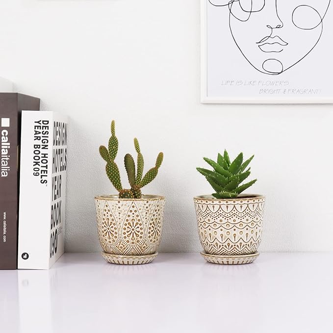 Gepege Succulent Pots, 4 Inch Small Indoor Ceramic Planter Pot with Drainage Holes and Saucers for Plants- Creamy White - Set of 4