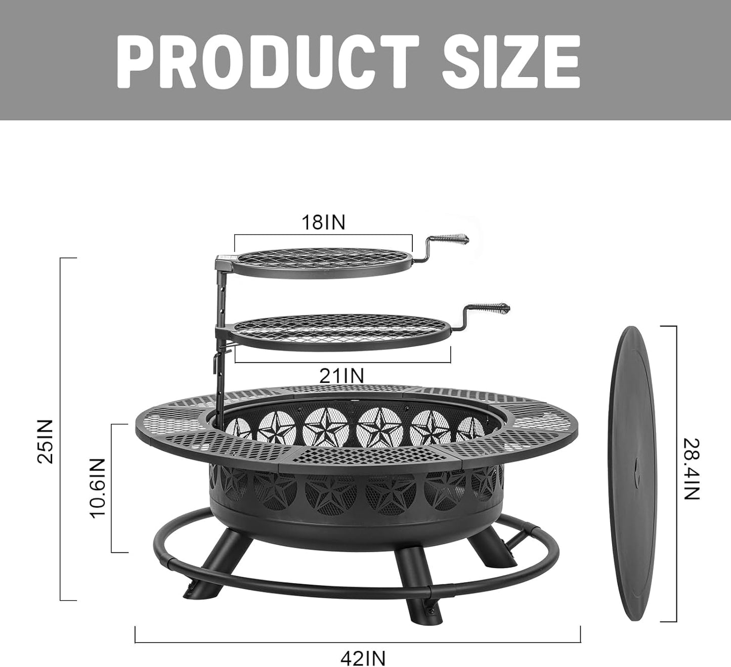 42 Inch BBQ Fire Pit with 2 Grills,3-in-1 Outdoor Round Metal Fire Pit Table with Lid,Fire Poker,Large Outdoor Wood Burning Firepits for Outside,Picnic,Bonfire Backyard Patio(Black)