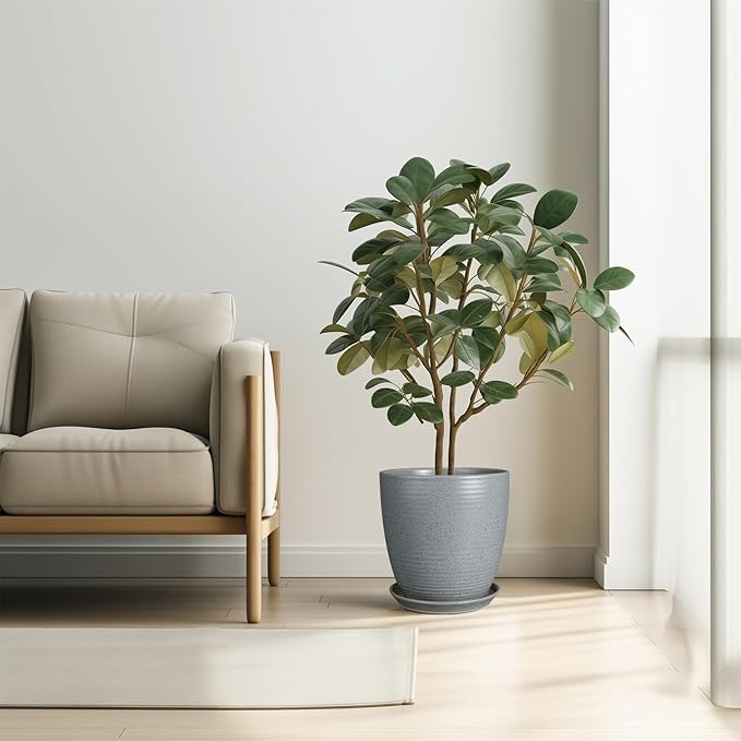 10 Inch Plant Pot, Ceramic Planters for Indoor Plants with Drainage and Saucer, Large Flower Pot for Home and Garden Decor, Light Gray