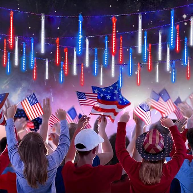 4th of July Decorations Outdoor, Red White and Blue Solar Meteor Shower Lights, 18 Tubes 432 LEDs 4th of July Lights Waterproof, Patriotic Lights String for Independence National Memorial Day Decor
