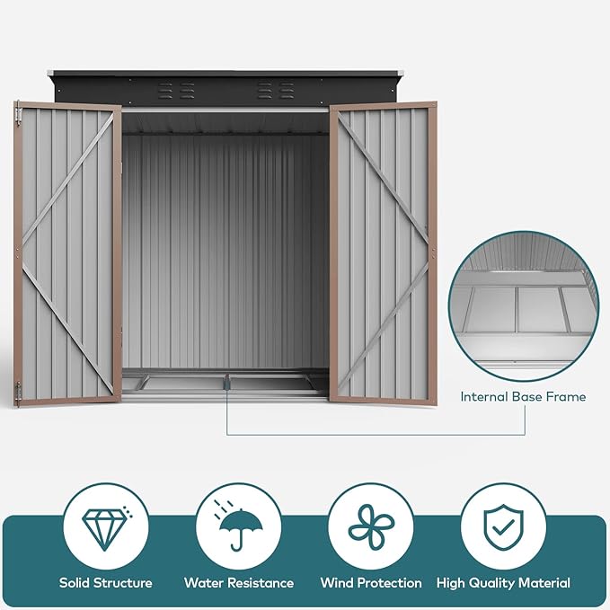 Gizoon 6' x 4' Outdoor Storage Shed with Double Lockable Doors, Anti-Corrosion Metal Garden Shed, Waterproof Shed Outdoor Storage Clearance for Backyard Patio Lawn-Brown