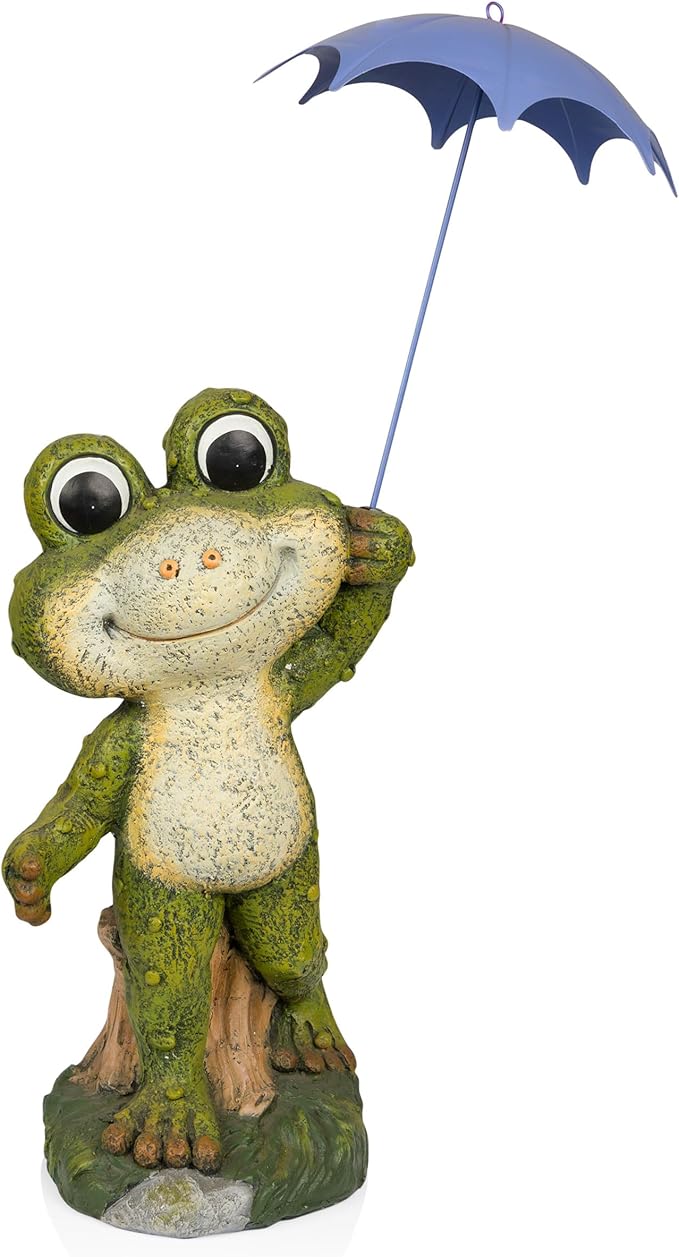 Alpine Corporation QWR1002 Indoor/Outdoor Smiling Frog with Purple Umbrella Garden Statue, Playful Frog Statue, 27" H, Green