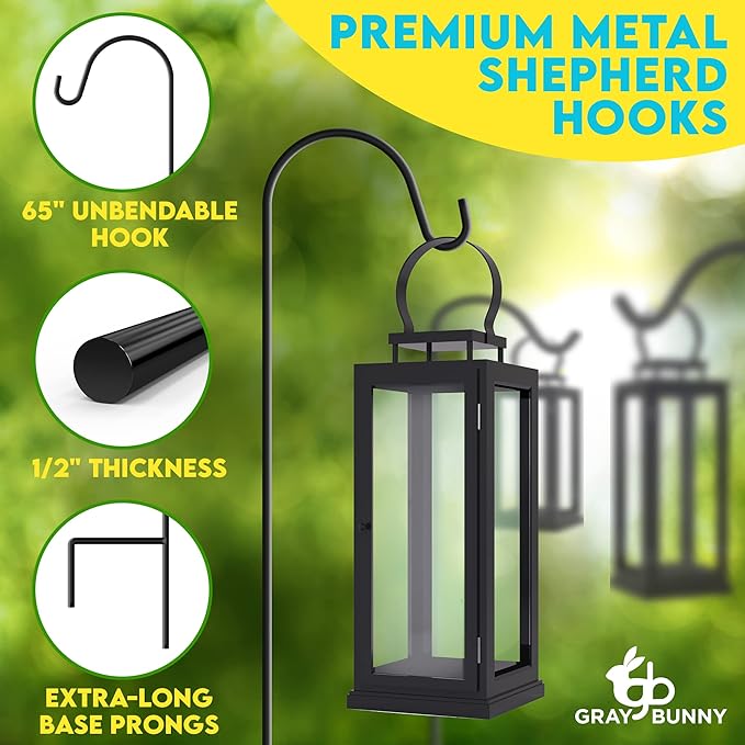 Gray Bunny 65" Shepherds Hooks for Outdoor 1 Pack, Thick Bird Feeder Pole, Hanging Plant Stand, Shepherds Hook for Bird Feeder, Non-Hollow, Non-Adjustable, Extra Long Base Prongs
