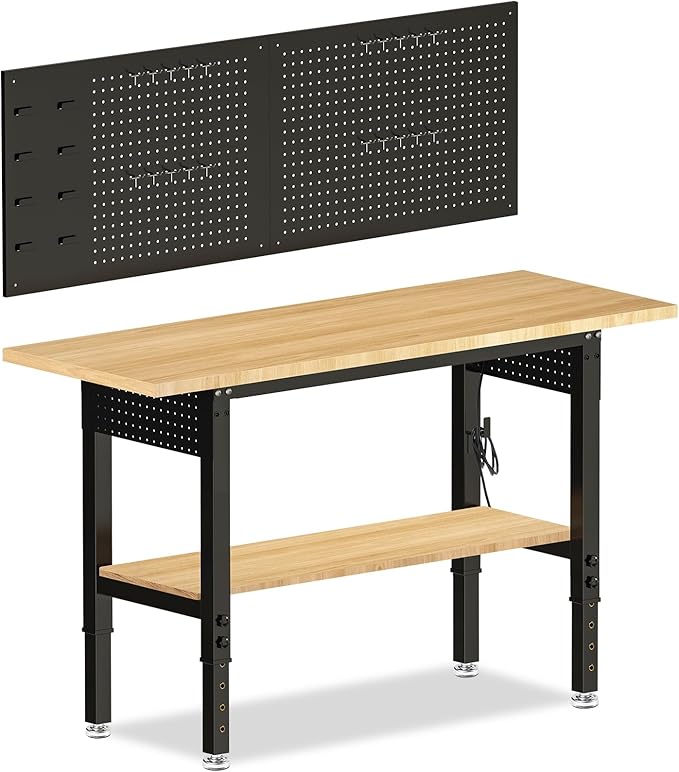 Adjustable Height Workbench, Heavy Duty Table Rubber Wood Workstation with Power Outlet & Pegboard for Garage, Office, Workshop, Home,Commercial (60"×22"|Shelf)