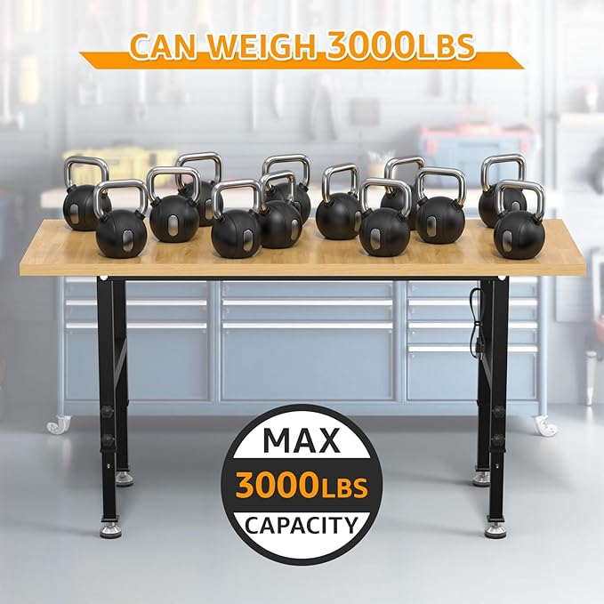 60" Adjustable Workbench,Heavy-Duty Work Table,3000 LBS Load Capacity Particleboard Hardwood Workstation Outlets with Power Strips and Fixed feet,for Workshop, Garage