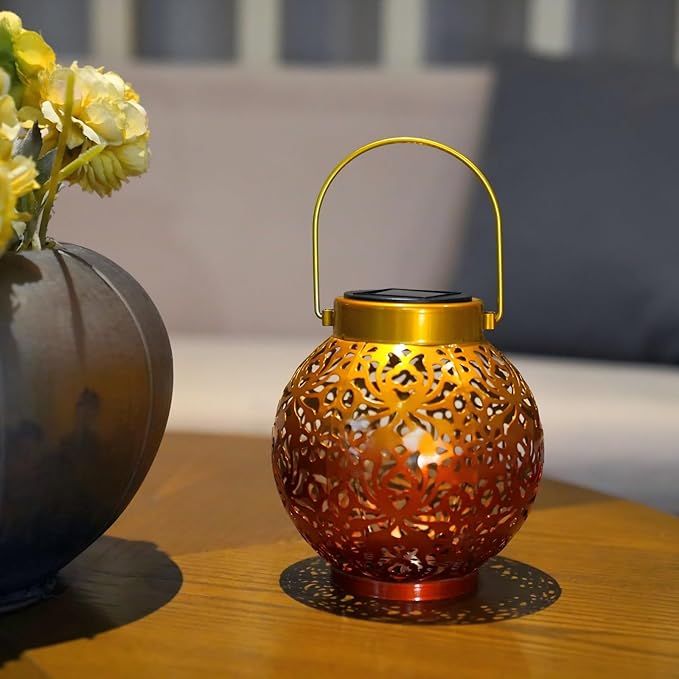 2 Pack Outdoor Solar Hanging Lantern Lights Metal LED Decorative Lamp for Garden Patio Courtyard Lawn and Table with Hollowed-Out Design (Sunset Blaze)