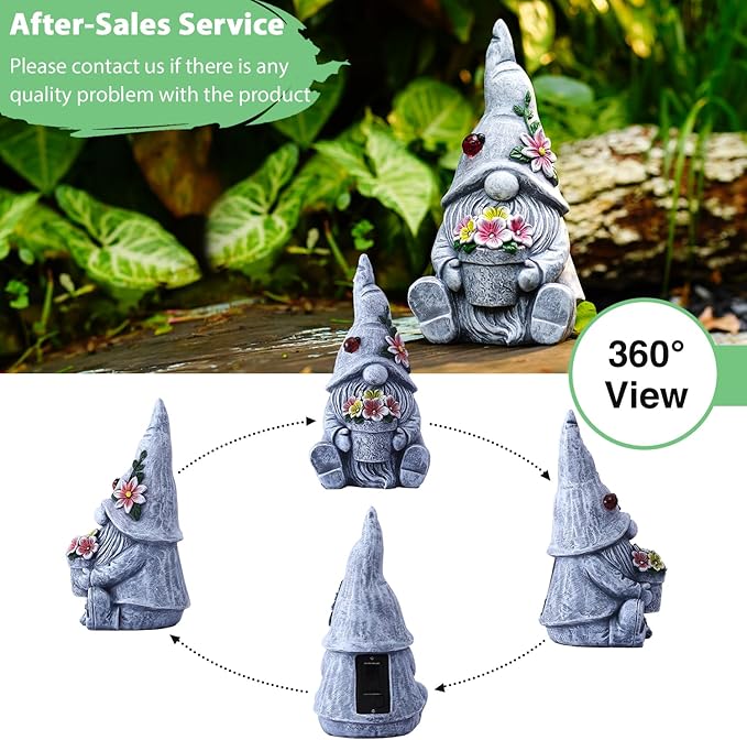 Goodeco Sitting Gnome Holding Flower Statue - Solar Garden Gnomes Decor for Outside with LED Lights, for Women or Moms, Housewarming Gnome Decorations