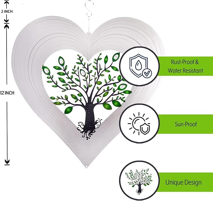 Heart Wind Spinners with Crystals for Yard and Garden, Metal Ornaments for Garden Décor, Outdoor Wind Spinner, Heart Décor Gifts, Outdoor Garden Decoration, 12 inch Heart Wall Décor by ISEO