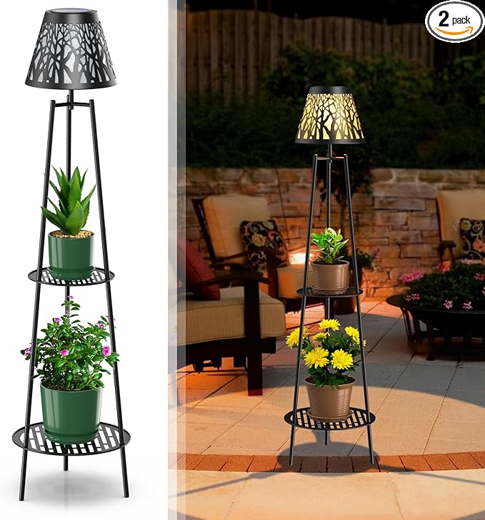 2 Pack Metal Solar Floor Lights Outdoor with Plant Stands, 45.5'' Solar Powered Street Lights, for Garden Yard Pathway Driveway Porch